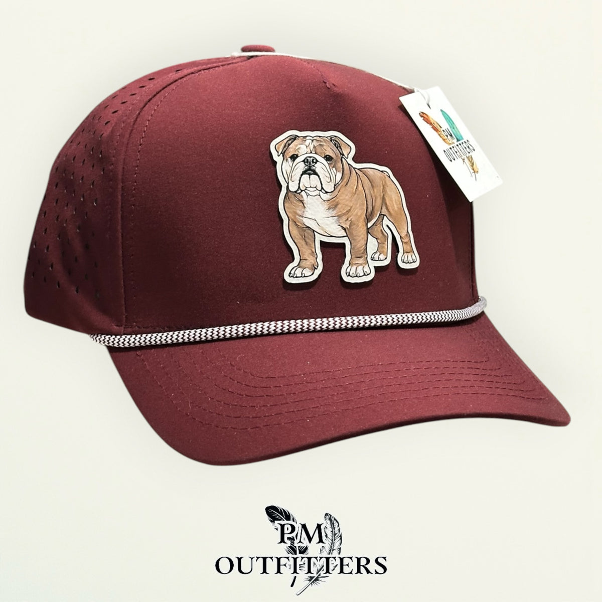 Maroon Dallas 804 performance rope cap with hand-painted Bulldog patch, angled view, PM Outfitters True Originals