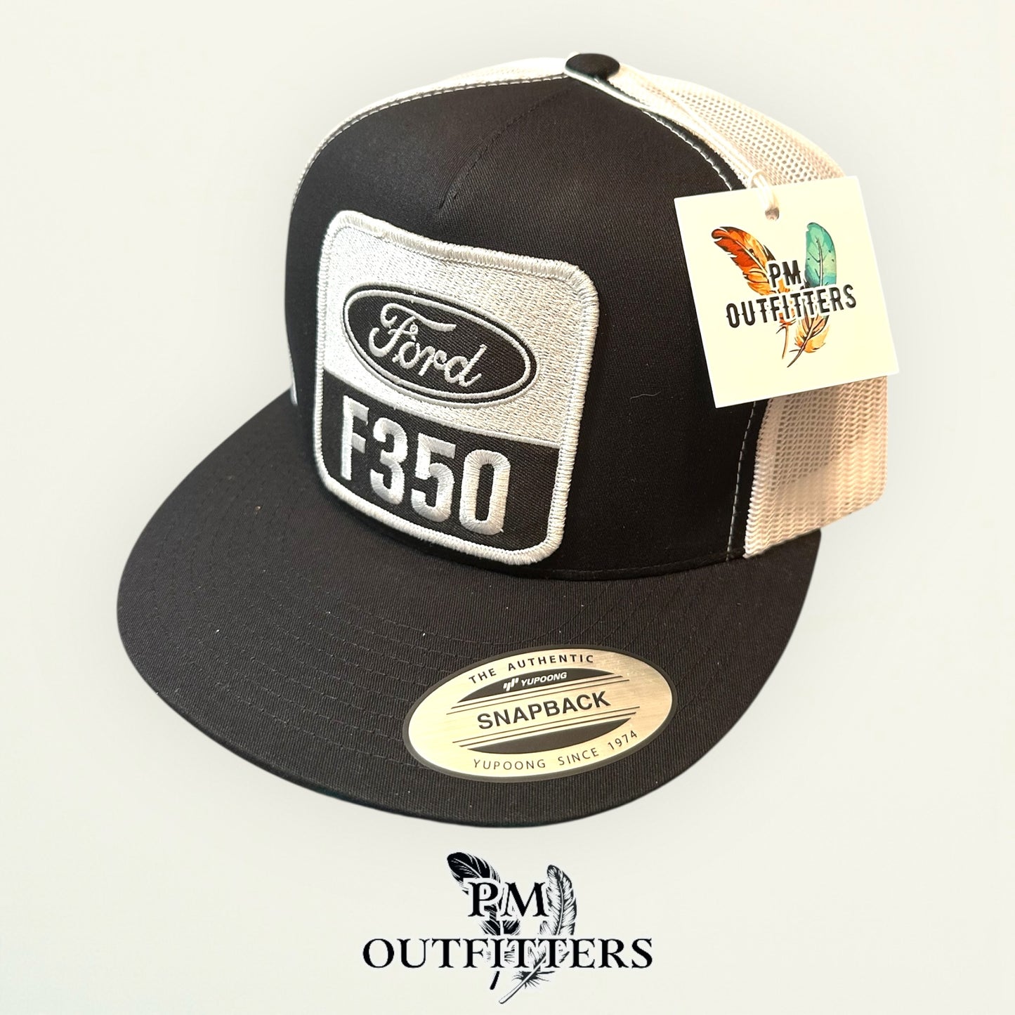Ford F350 Trucker Hat — PM Outfitters Retro Patch | Yupoong Flat Bill Black White American Truck Heritage