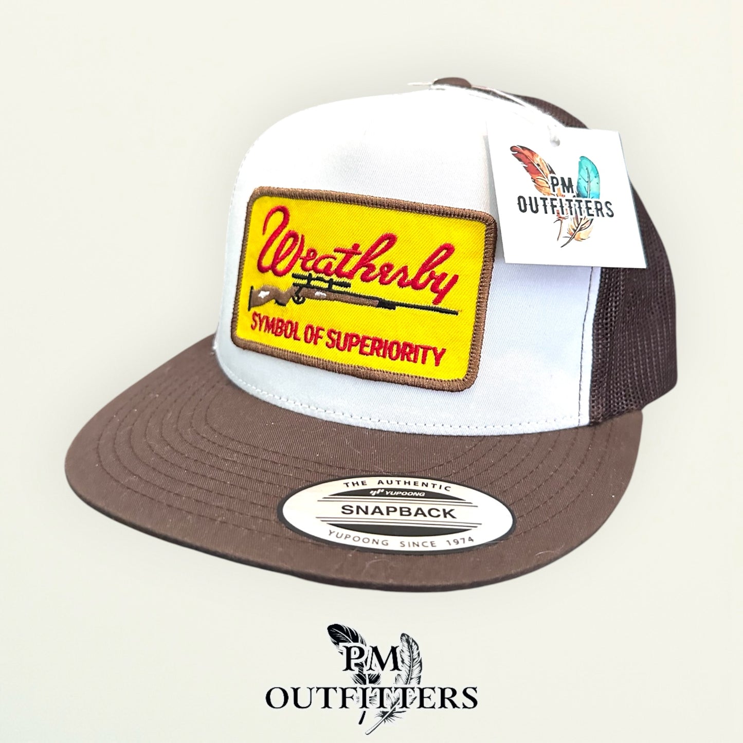 Weatherby Symbol of Superiority Trucker Hat — PM Outfitters Retro Patch | YP Classics Flat Bill White Brown Hunting Heritage