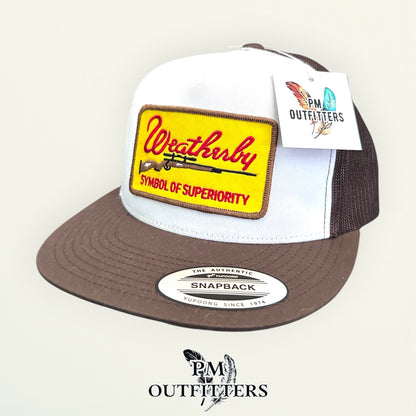 Weatherby Symbol of Superiority Trucker Hat — PM Outfitters Retro Patch | YP Classics Flat Bill White Brown Hunting Heritage