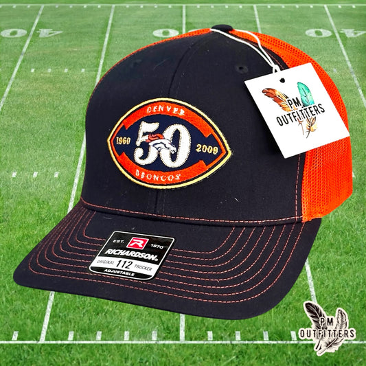 PM Outfitters Denver Broncos 50th Anniversary embroidered patch Richardson 112 black orange trucker hat