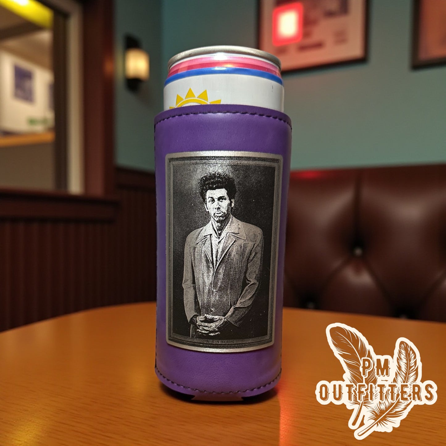 PM Outfitters Custom Laser Engraved Seinfeld “The Kramer” Portrait Premium Leatherette Slim Can Cooler - Purple Koozie