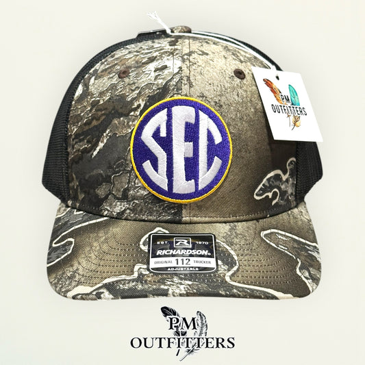 LSU SEC Jersey Patch Trucker Hat | PM Outfitters Richardson 112 Realtree Excape Camo | Purple & Gold