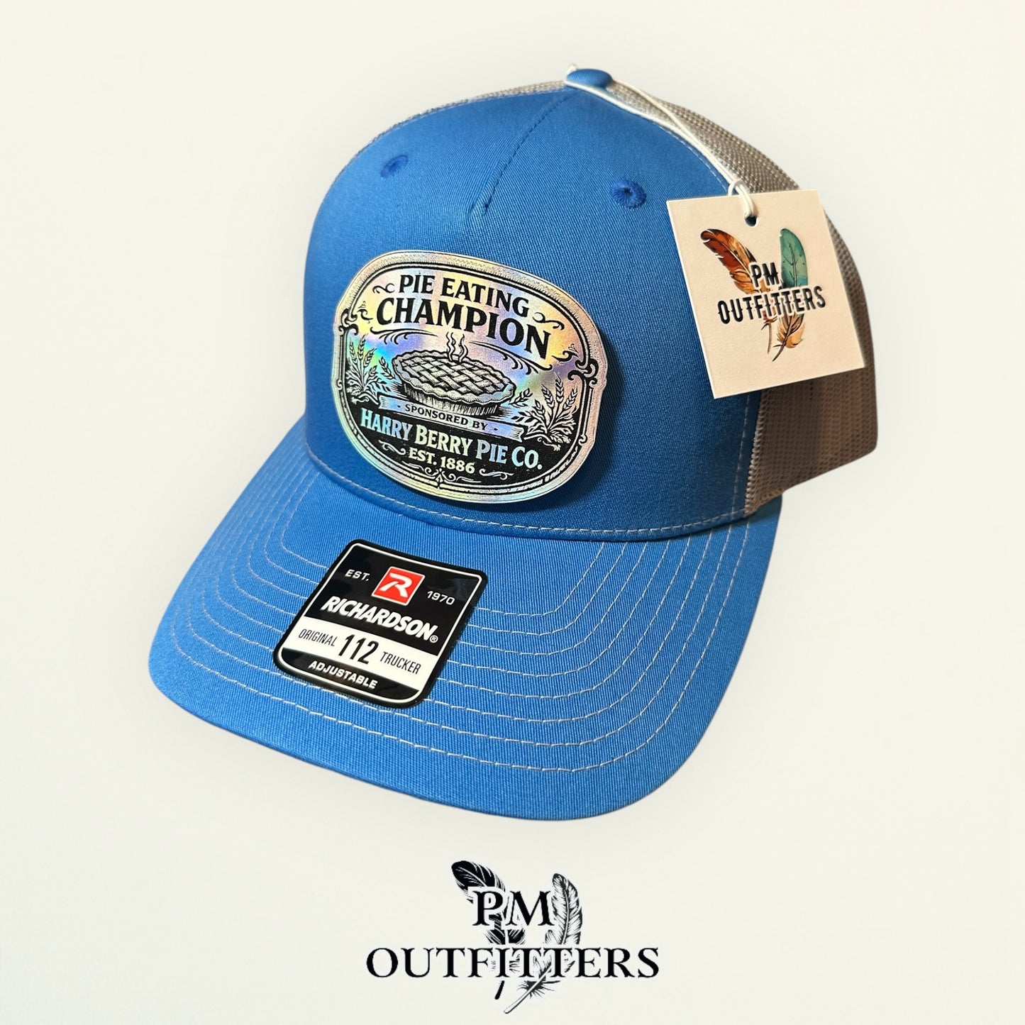 Pie Eating Champion Hat - PM Outfitters Holographic Patch | Richardson 112 Columbia Blue Gray Humor