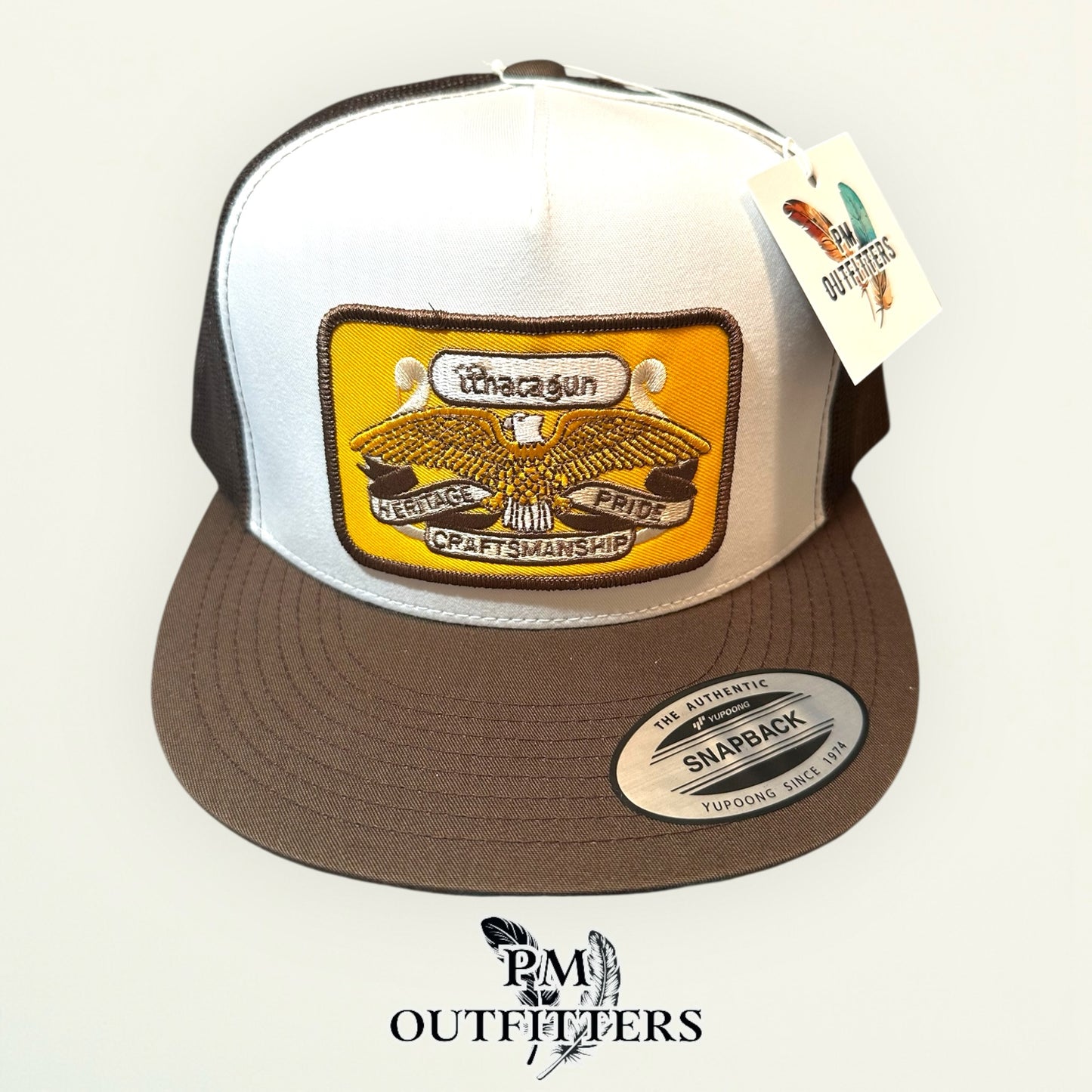 Ithaca Gun Company Trucker Hat — PM Outfitters Heritage Patch | Yupoong Flat Bill White Brown Firearms Heritage