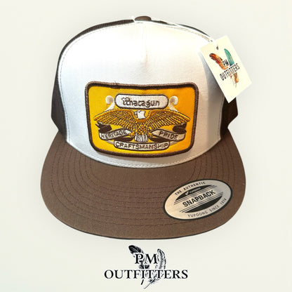 Ithaca Gun Company Trucker Hat — PM Outfitters Heritage Patch | Yupoong Flat Bill White Brown Firearms Heritage
