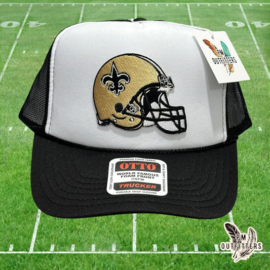 PM Outfitters New Orleans Saints helmet embroidered patch Otto foam front rope white black trucker hat