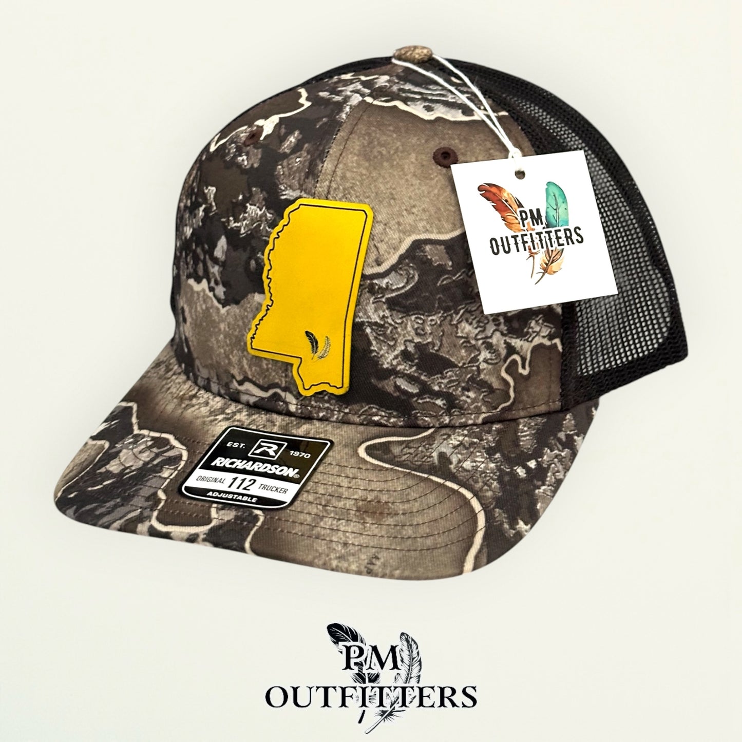PM Outfitters Southern Miss Tailgate Season gold black vegan leather patch Richardson 112 Realtree Excape camo trucker hat