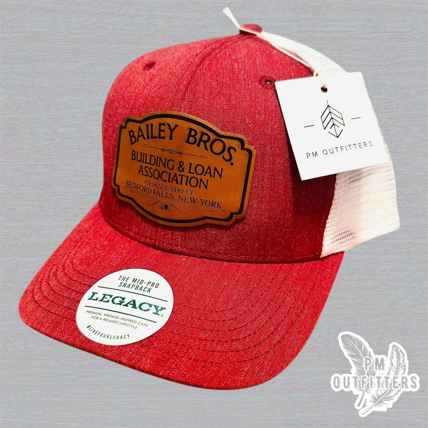 Custom Bailey Brothers Building & Loan Patch Hat – Maroon & White Legacy Mid-Pro Snapback | PM Outfitters