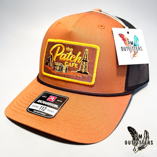 The Patch Cafe Oilfield Trucker Hat | Richardson 112 Rope | Caramel Black | Landman Hat