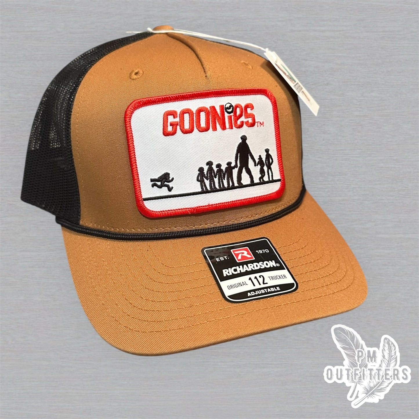 Vintage Goonies Patch Trucker Hat - Richardson 112 Caramel Black Rope