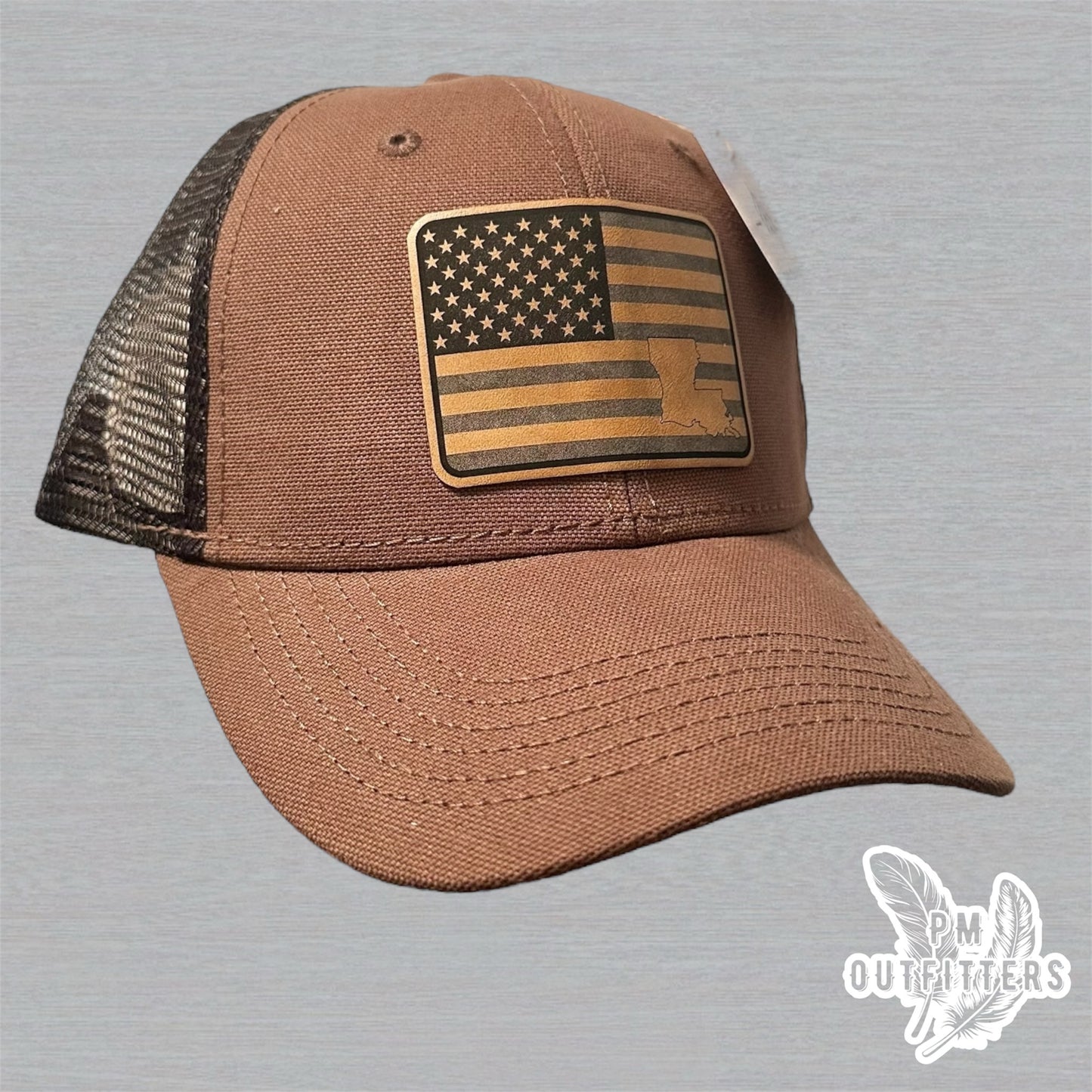 PM Outfitters Custom Design American Flag LA DriDuck Canvas Trucker Hat