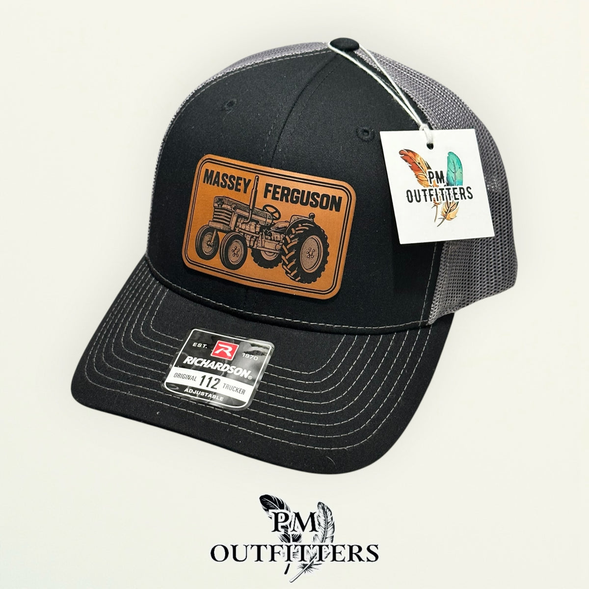 PM Outfitters hang tag Massey Ferguson black charcoal trucker hat