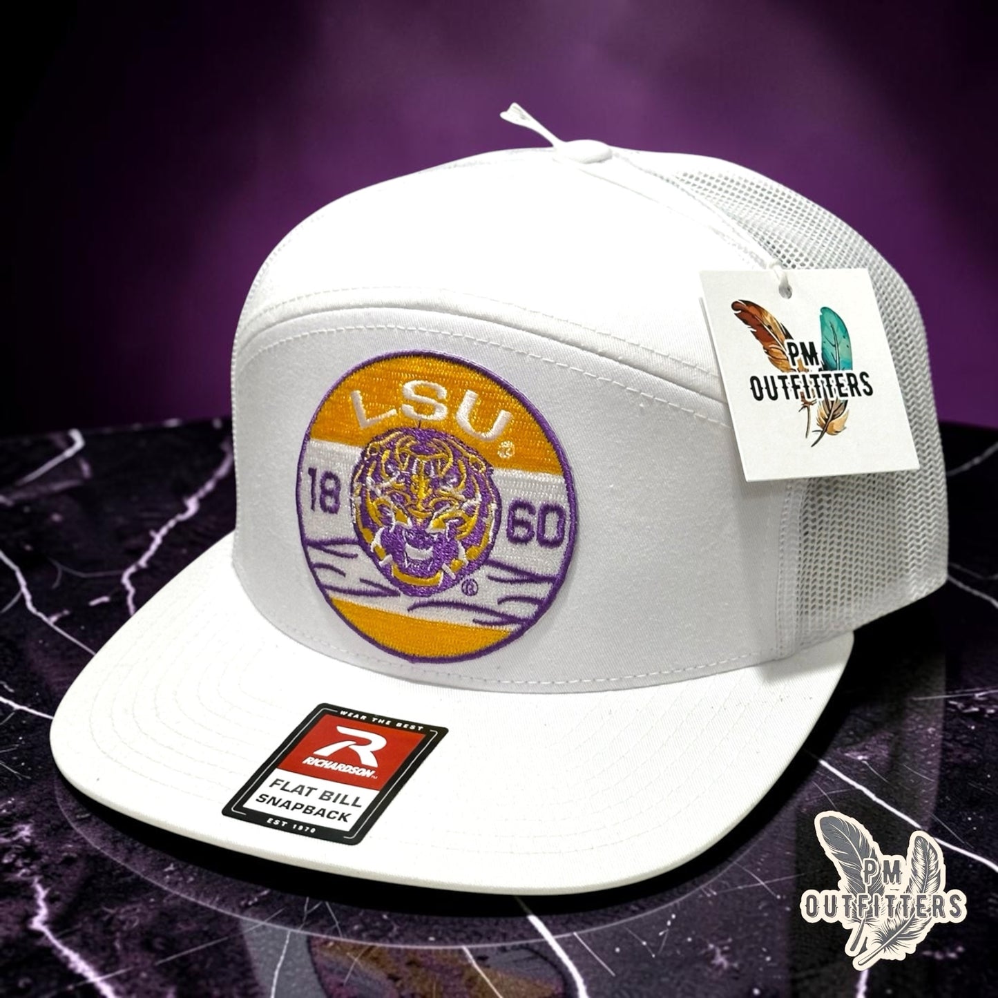 LSU Tigers Retro Badge Trucker Hat | PM Outfitters Richardson 168 All White Flat Bill | Geaux Tigers