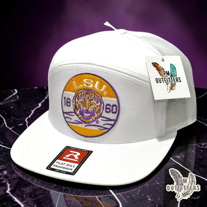 LSU Tigers Retro Badge Trucker Hat | PM Outfitters Richardson 168 All White Flat Bill | Geaux Tigers