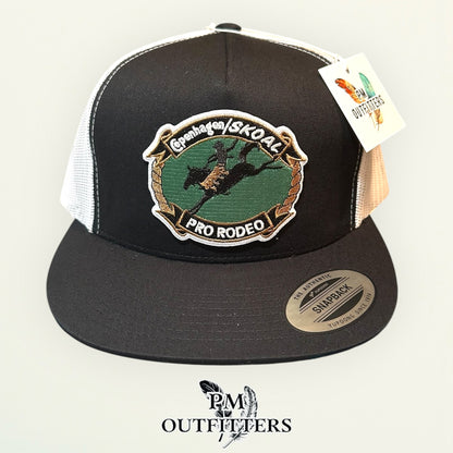 Copenhagen Skoal Pro Rodeo Trucker Hat — PM Outfitters Retro Patch | Yupoong Flat Bill Black White Western Heritage