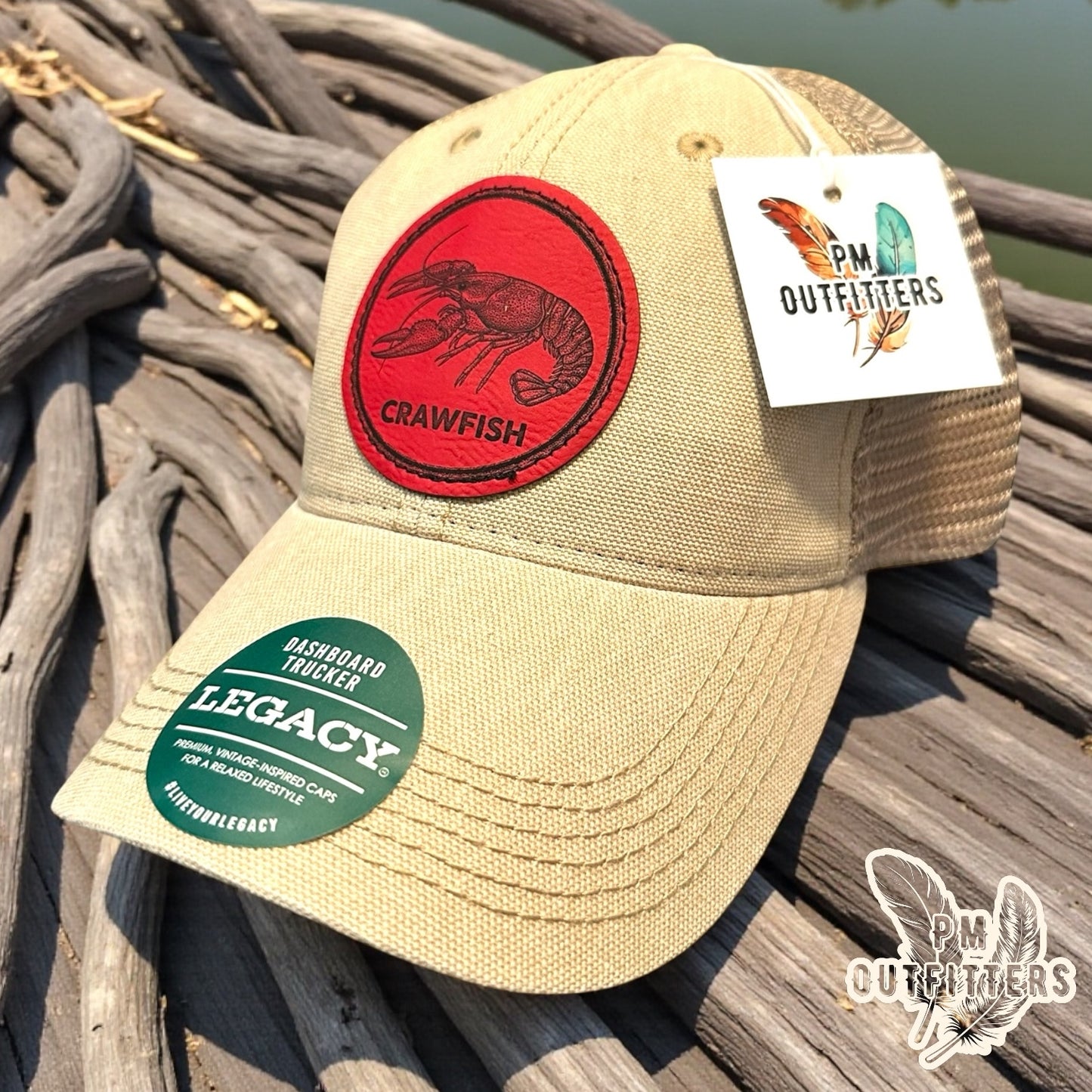 Crawfish Laser Engraved Patch Hat | Legacy Dashboard Trucker Tan Khaki | PM Outfitters Exclusive Design