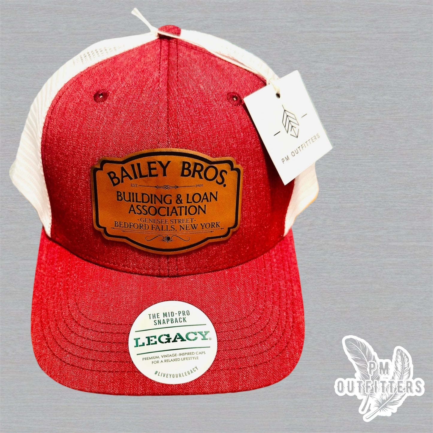 Custom Bailey Brothers Building & Loan Patch Hat – Maroon & White Legacy Mid-Pro Snapback | PM Outfitters