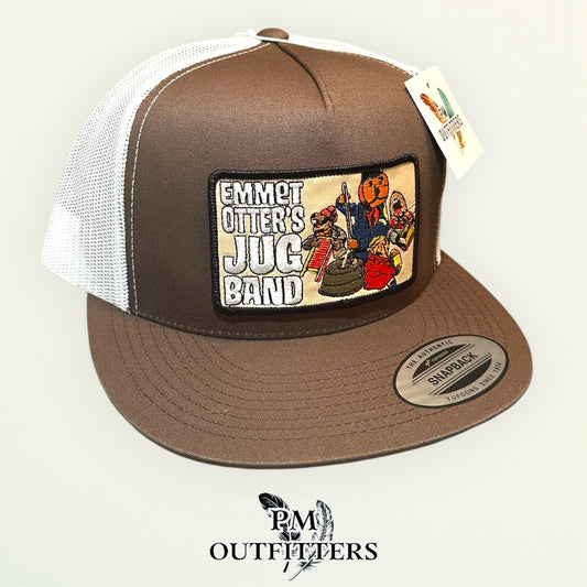 Emmet Otter's Jug Band Trucker Hat — PM Outfitters Retro Patch | Yupoong Flat Bill Brown White Jim Henson Heritage