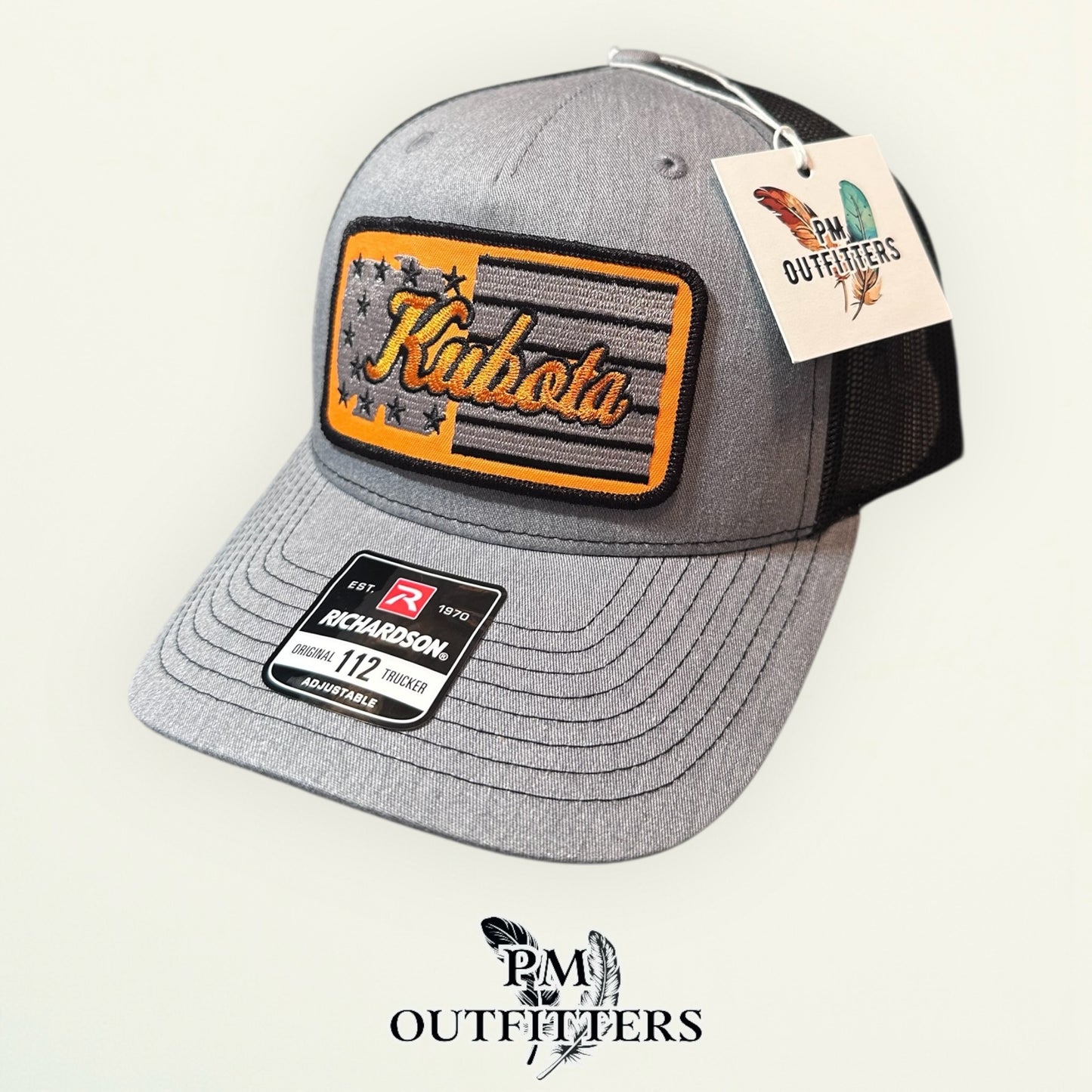 Kubota American Flag Trucker Hat | PM Outfitters Retro Patch Series | Richardson 112 Heather Gray & Black