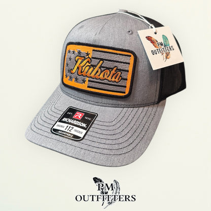 Kubota American Flag Trucker Hat | PM Outfitters Retro Patch Series | Richardson 112 Heather Gray & Black