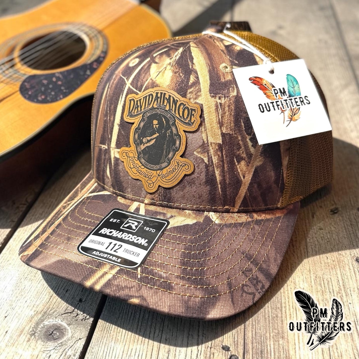 David Allan Coe Longhaired Redneck Tribute Hat — Laser Engraved Vegan Leather Patch | Richardson 112 Realtree Max-7 Camo | PM Outfitters