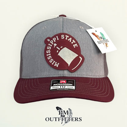 PM Outfitters Mississippi State cowbell laser engraved maroon vegan leather patch Richardson 112 gray maroon trucker hat