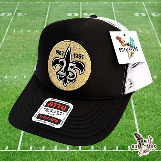 PM Outfitters New Orleans Saints 25th Anniversary embroidered patch Otto foam front rope black white trucker hat