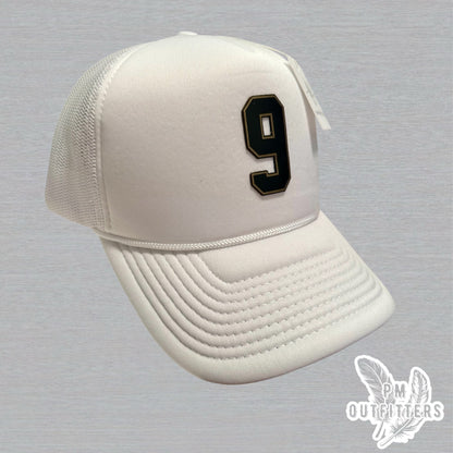 White Decky Foam Trucker Hat - Drew Brees Saints Away Jersey Style | Custom #9 Leatherette Patch