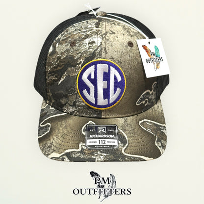 LSU SEC Jersey Patch Trucker Hat | PM Outfitters Richardson 112 Realtree Excape Camo | Purple & Gold