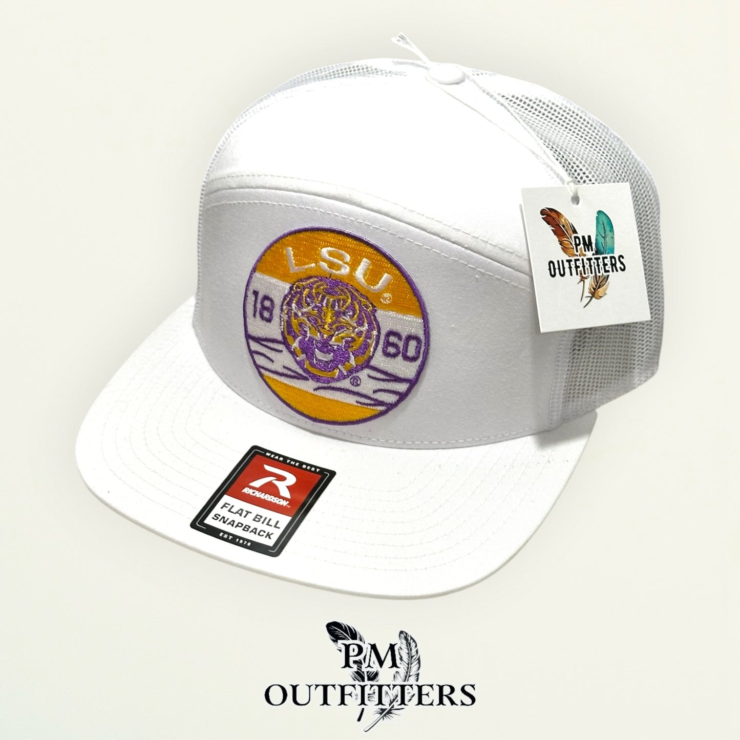 LSU Tigers Retro Badge Trucker Hat | PM Outfitters Richardson 168 All White Flat Bill | Geaux Tigers
