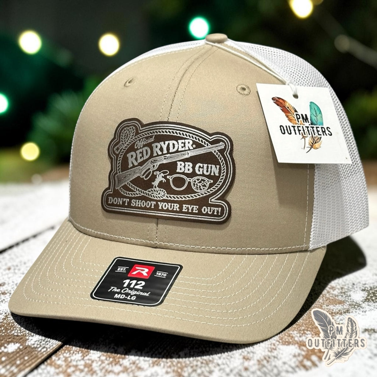 PM Outfitters Red Ryder BB Gun trucker hat tan white Richardson 112 vegan leather patch