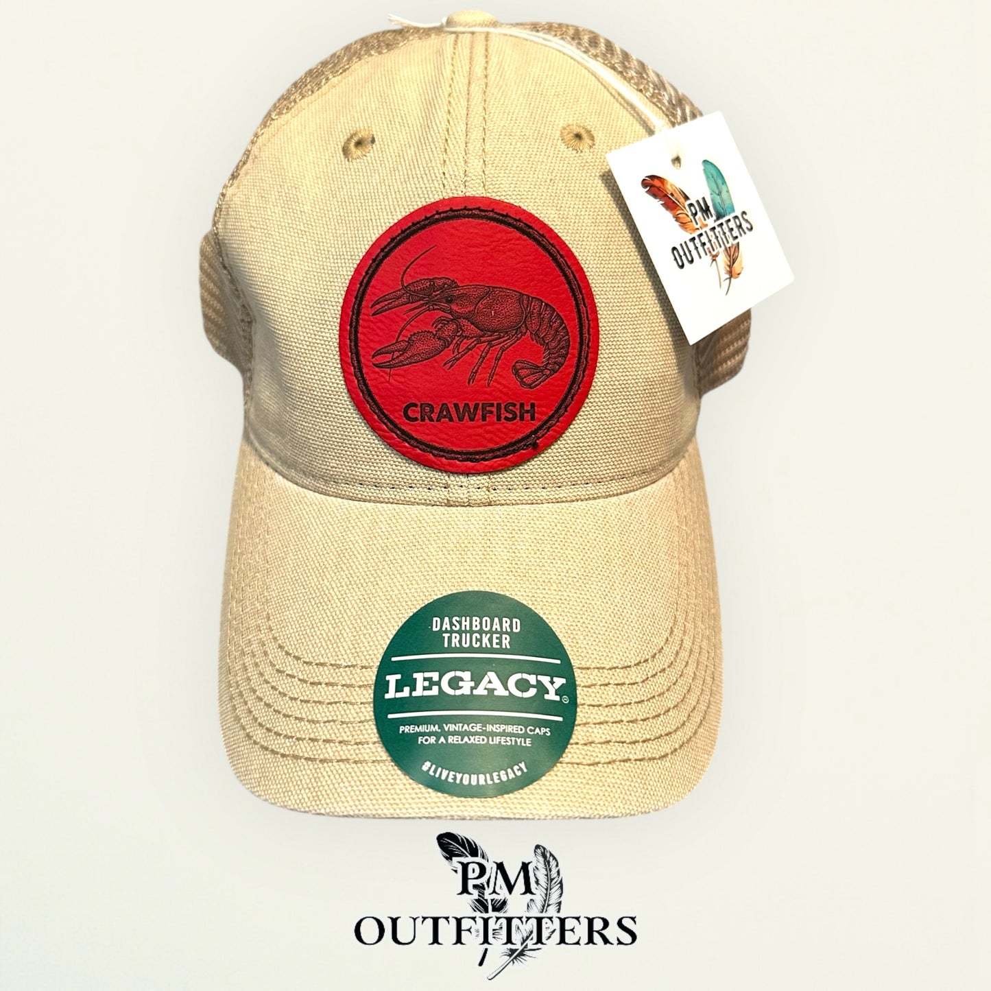 Crawfish Laser Engraved Patch Hat | Legacy Dashboard Trucker Tan Khaki | PM Outfitters Exclusive Design