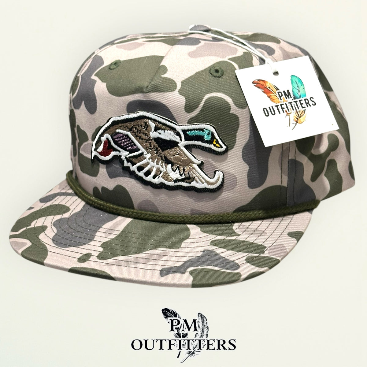PM Outfitters hang tag Mallard Duck rope hat Marsh Duck camo