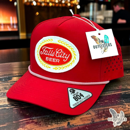 PM Outfitters Falls City Beer trucker hat red Dallas 804 performance rope embroidered patch