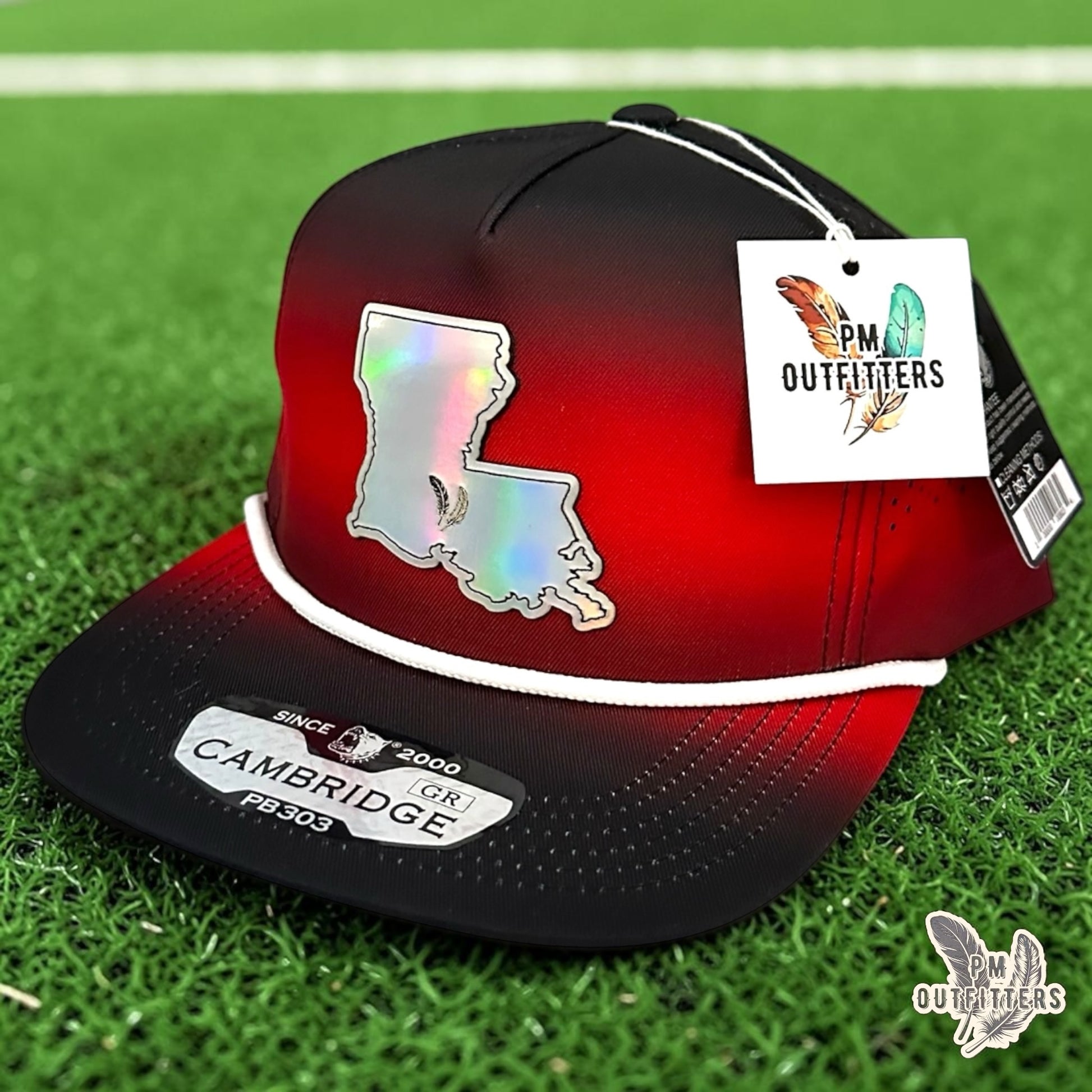 PM Outfitters Louisiana Lafayette Tailgate Season holographic vegan leather Louisiana state outline patch trucker hat Lafayette two-feather logo black red gradient