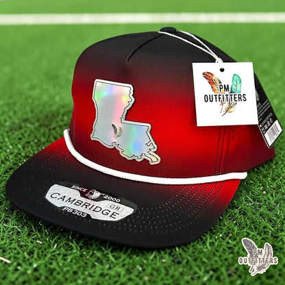PM Outfitters Louisiana Lafayette Tailgate Season holographic vegan leather Louisiana state outline patch trucker hat Lafayette two-feather logo black red gradient