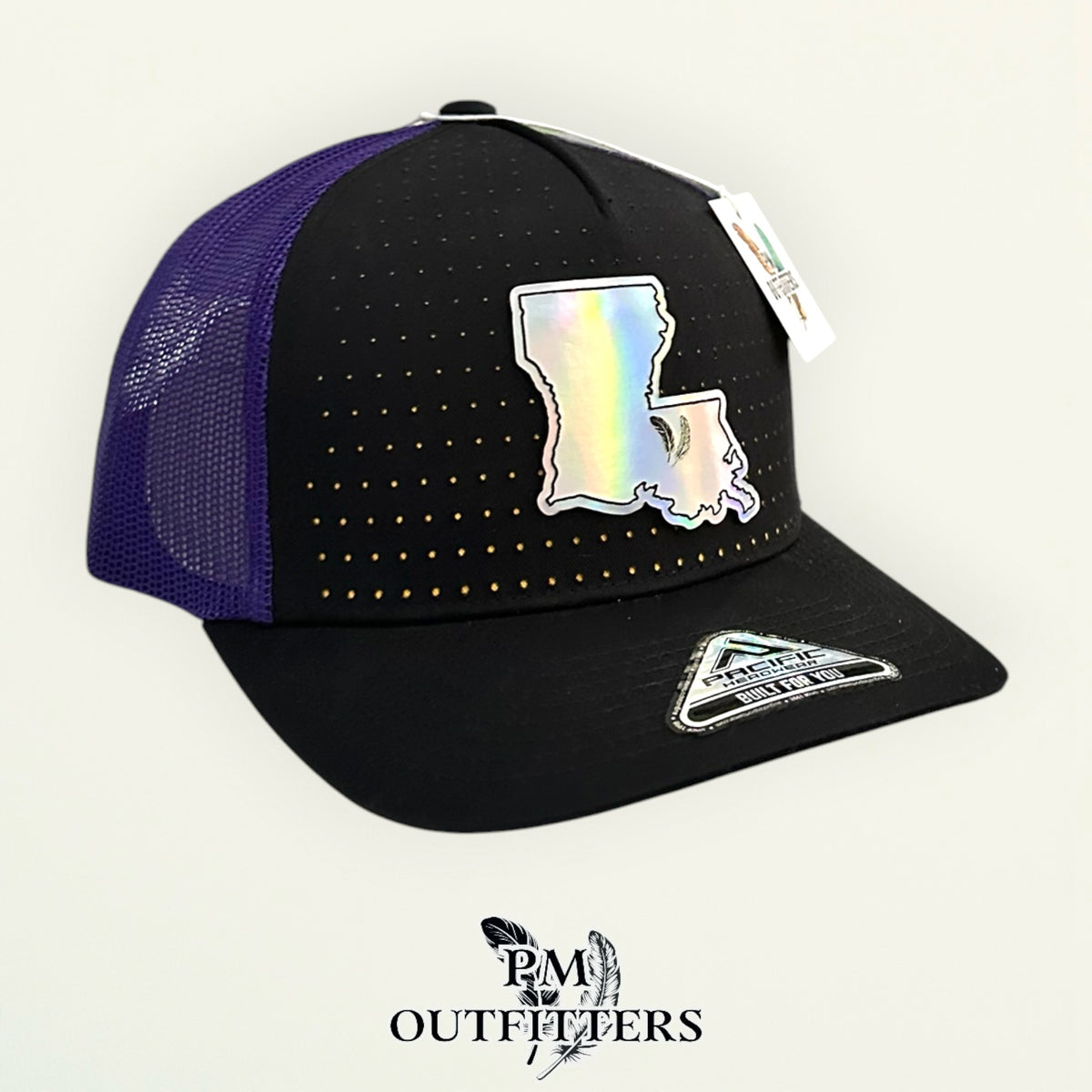 PM Outfitters LSU Tailgate Season holographic vegan leather Louisiana state outline patch trucker hat Baton Rouge two-feather logo purple gold
