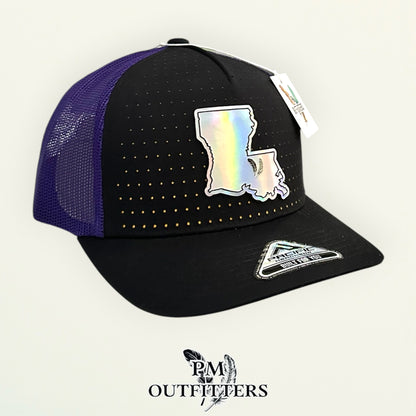 PM Outfitters LSU Tailgate Season holographic vegan leather Louisiana state outline patch trucker hat Baton Rouge two-feather logo purple gold