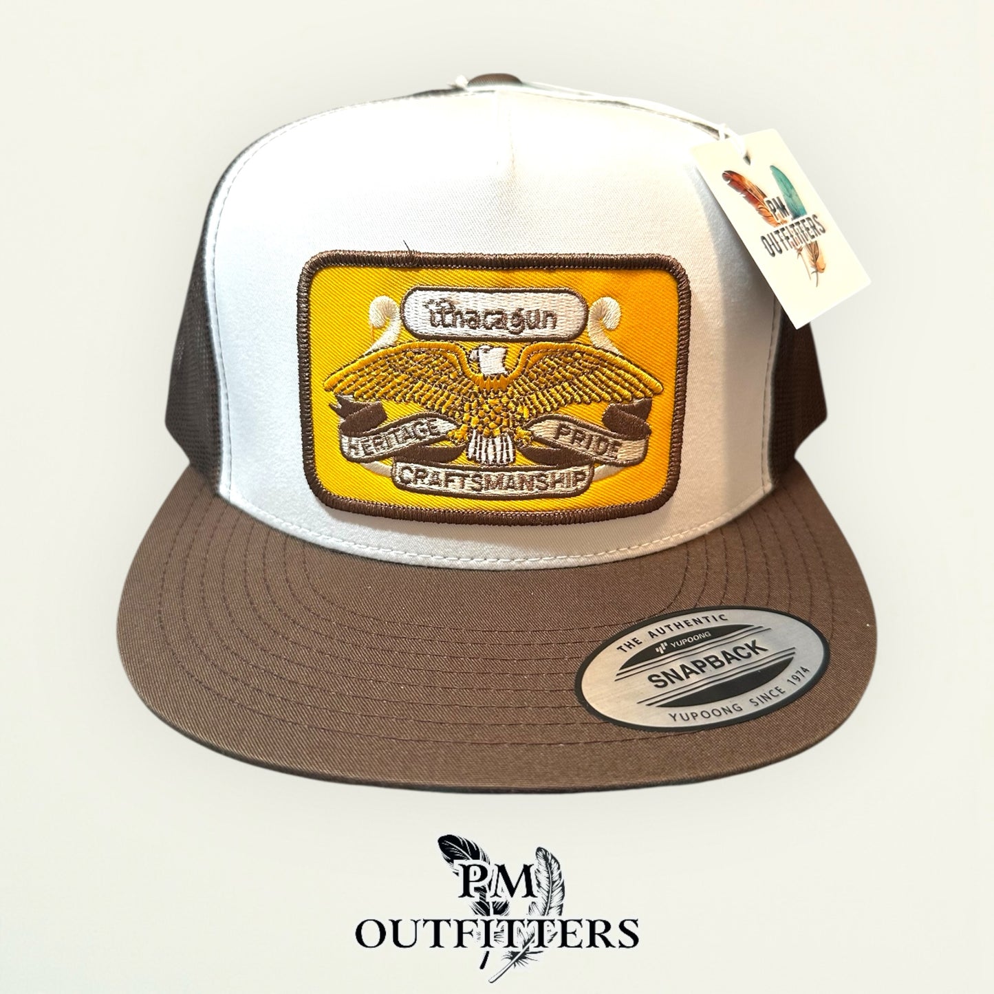 Ithaca Gun Company Trucker Hat — PM Outfitters Heritage Patch | Yupoong Flat Bill White Brown Firearms Heritage