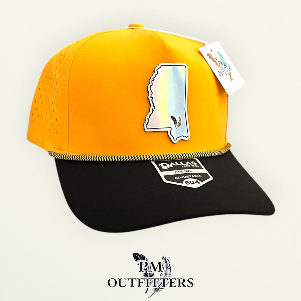 PM Outfitters Southern Miss Tailgate Season holographic vegan leather Mississippi state outline patch trucker hat Hattiesburg two-feather logo black gold