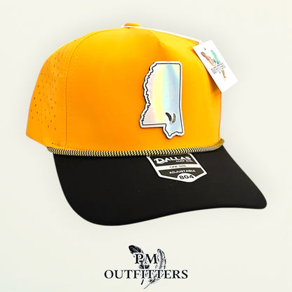 PM Outfitters Southern Miss Tailgate Season holographic vegan leather Mississippi state outline patch trucker hat Hattiesburg two-feather logo black gold