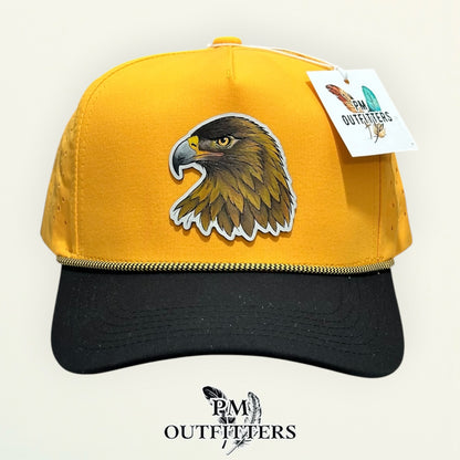 Side view of the hand-painted Golden Eagle patch on the black and gold Dallas 804 rope cap, PM Outfitters True Originals