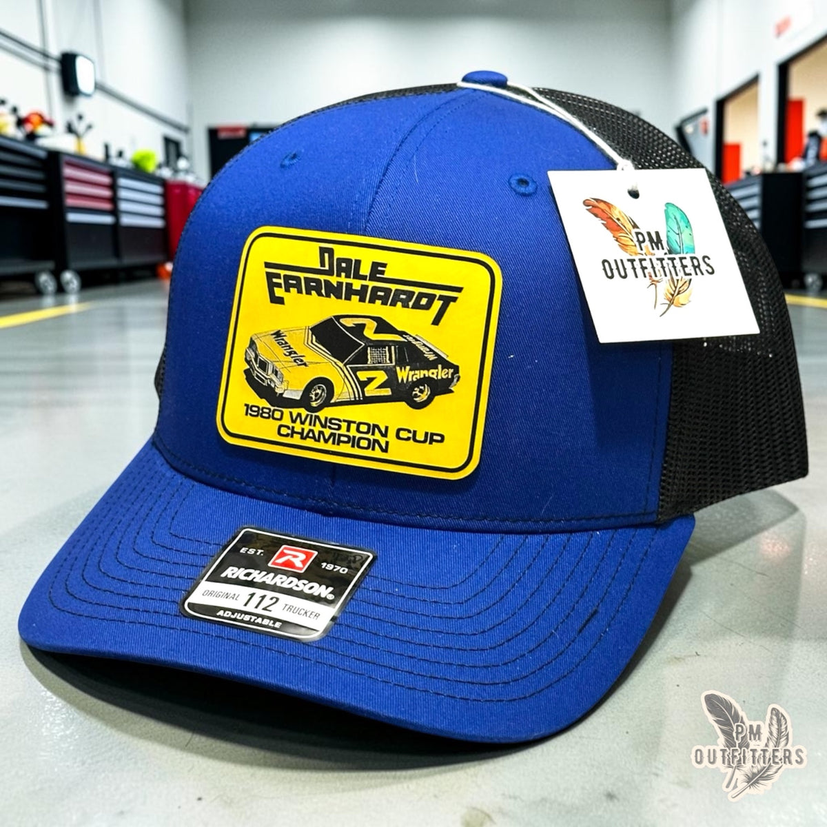 PM Outfitters Dale Earnhardt 1980 Winston Cup Champion trucker hat blue black Richardson 112 vegan leather patch