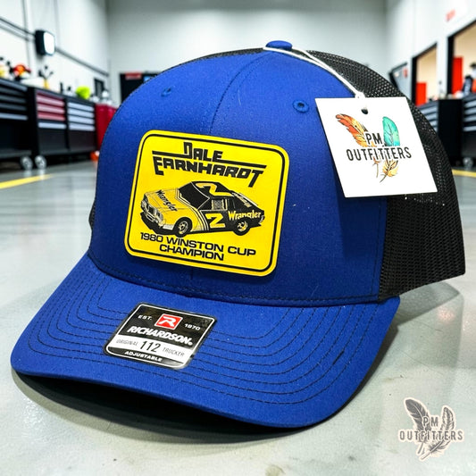 PM Outfitters Dale Earnhardt 1980 Winston Cup Champion trucker hat blue black Richardson 112 vegan leather patch
