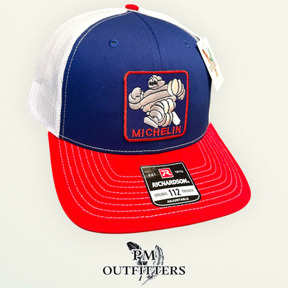 Michelin Man Trucker Hat — Retro Embroidered Patch | Richardson 112 Blue Red White