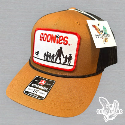 Vintage Goonies Patch Trucker Hat - Richardson 112 Caramel Black Rope