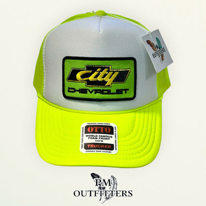 City Chevrolet Trucker Hat – PM Outfitters Days of Thunder Patch | Otto Foam Front Neon Yellow & White