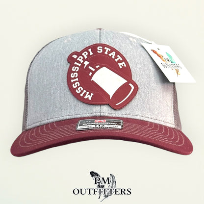 PM Outfitters Mississippi State cowbell laser engraved maroon vegan leather patch Richardson 112 gray maroon trucker hat