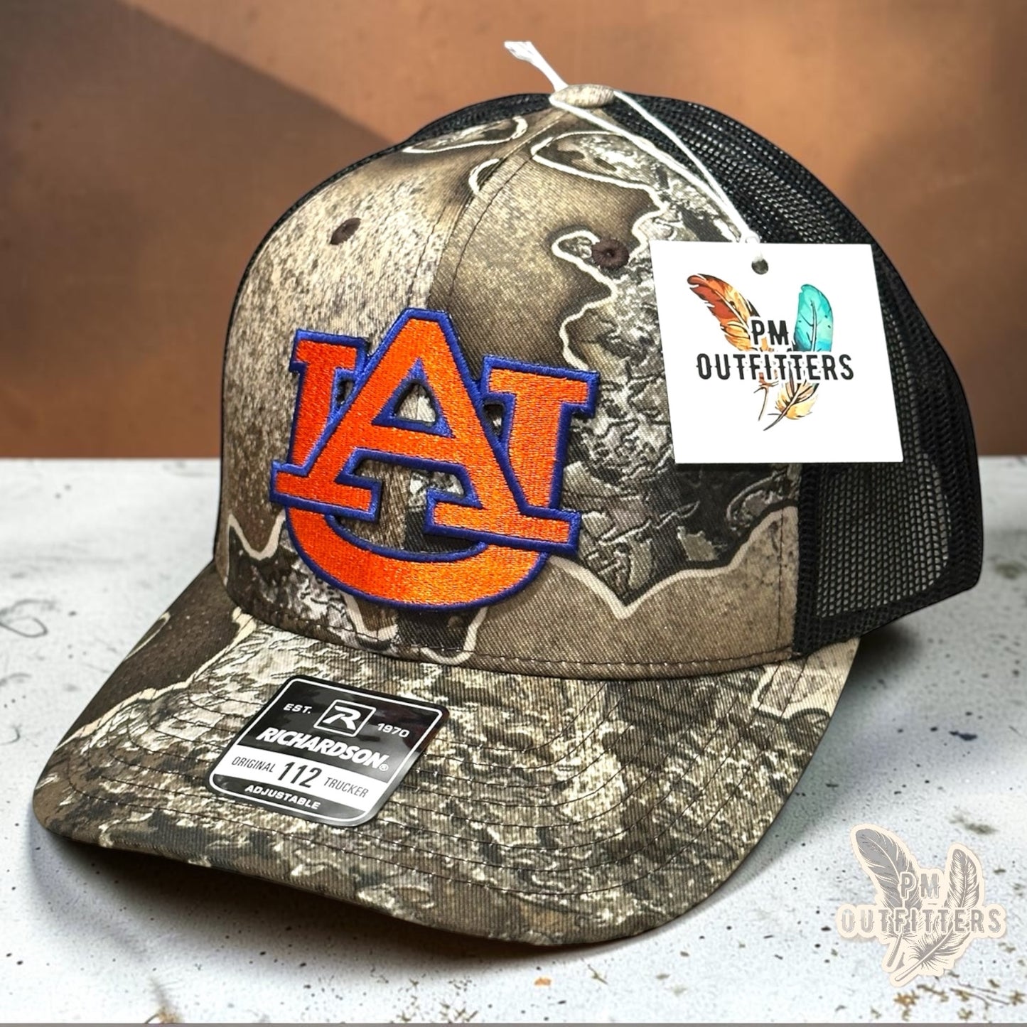 Auburn Tigers AU Logo Trucker Hat | PM Outfitters Richardson 112 Realtree Excape Camo | War Eagle